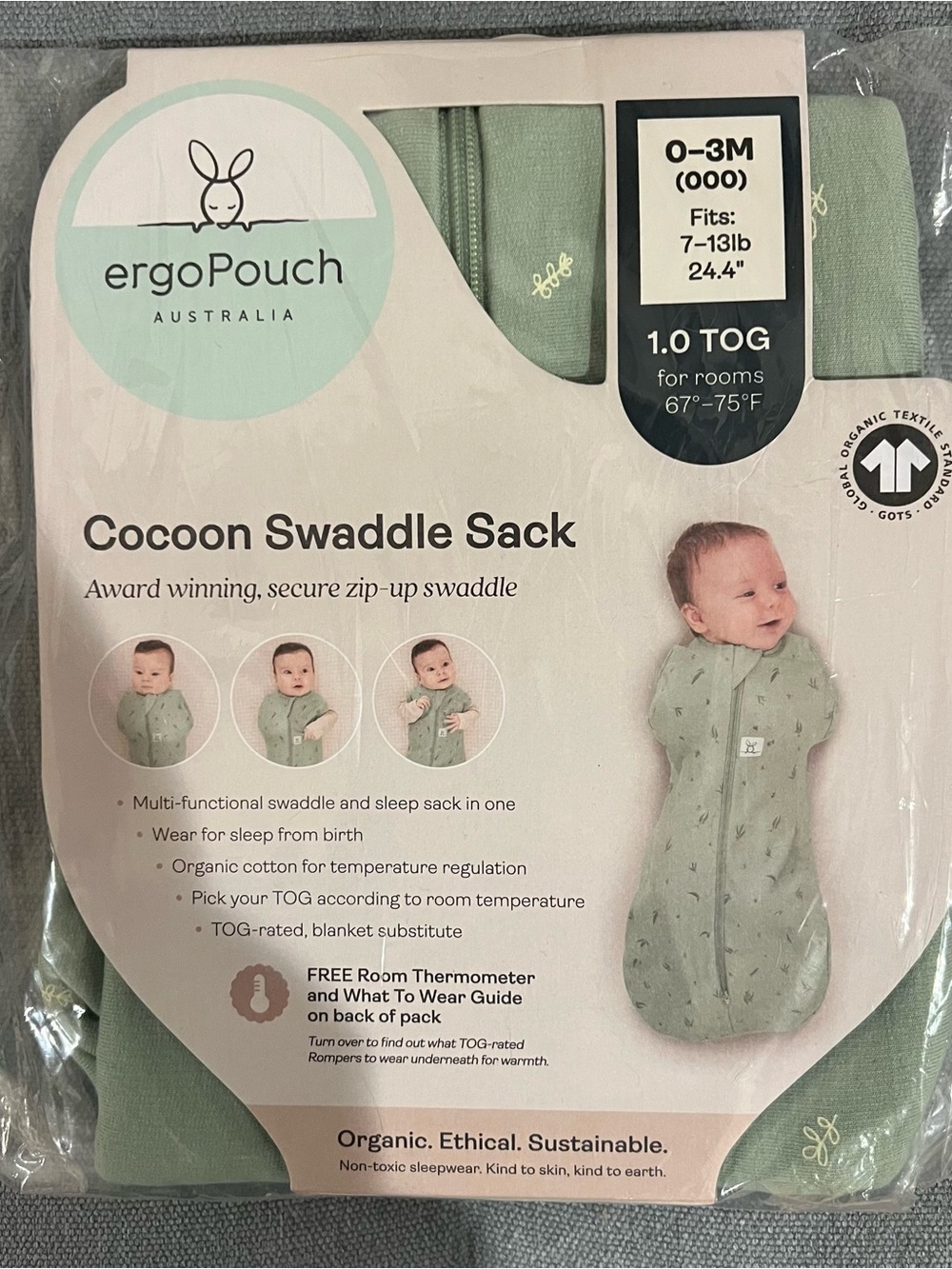 Ergopouch Cocoon Swaddle Sack 0-3 months 1.0 Tog in Sage Color NWT
